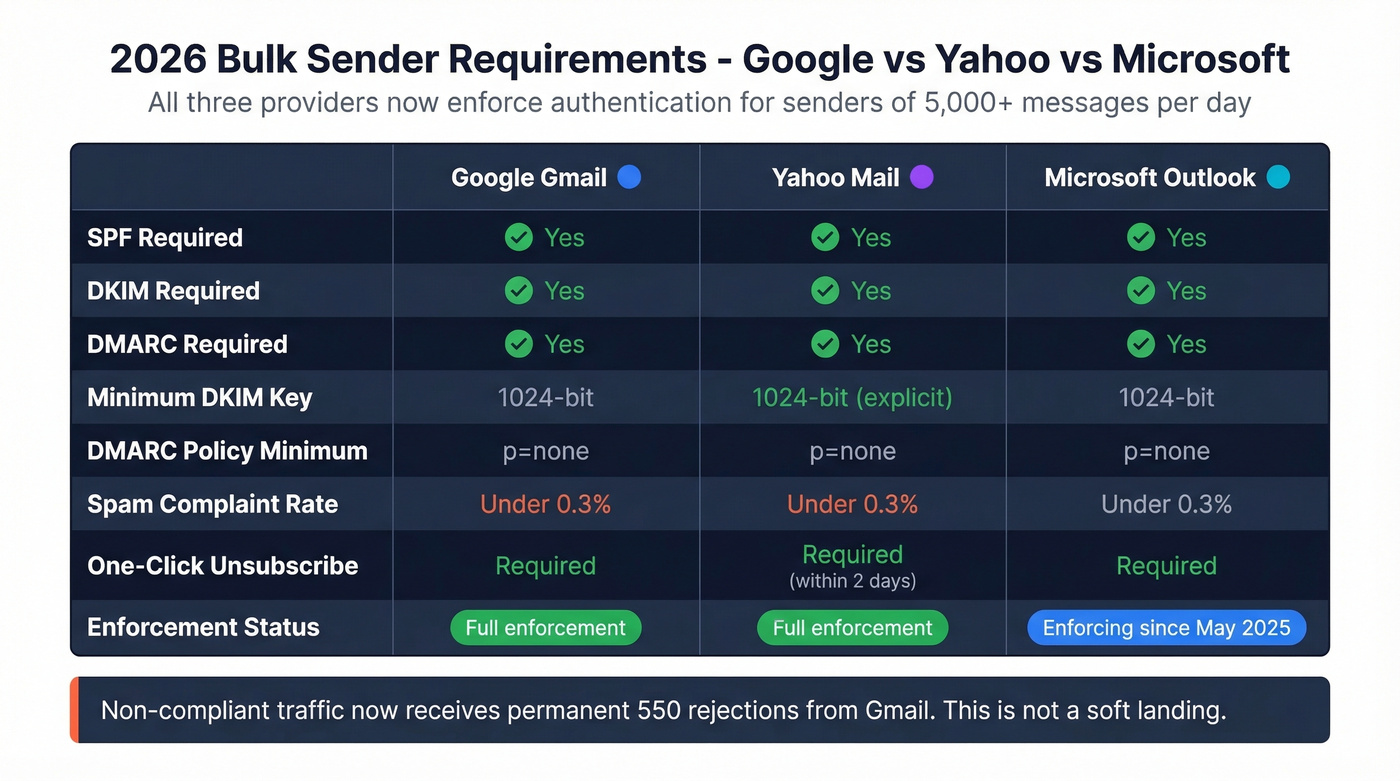 Google Yahoo Microsoft 2026 email authentication requirements comparison