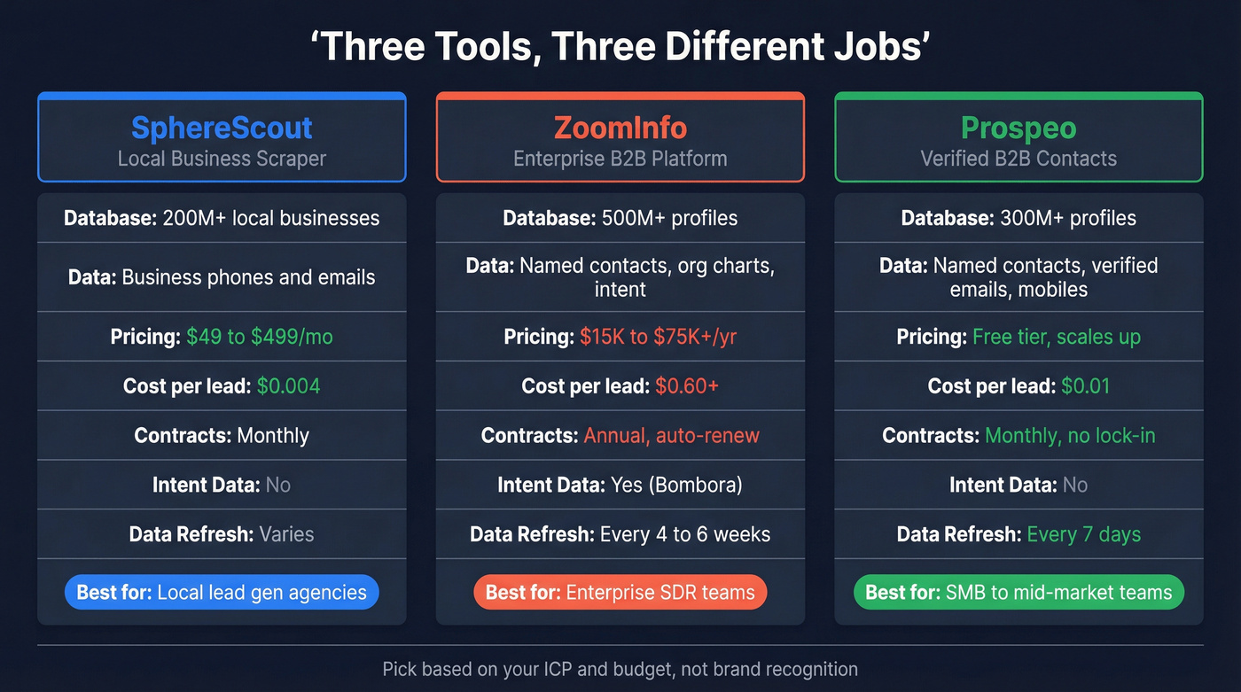 Three-way comparison of SphereScout, ZoomInfo, and Prospeo