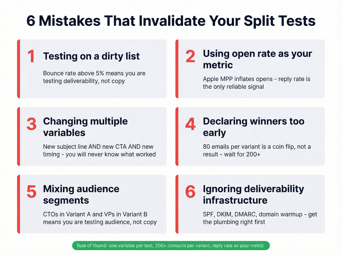 Six common split test mistakes with visual warnings