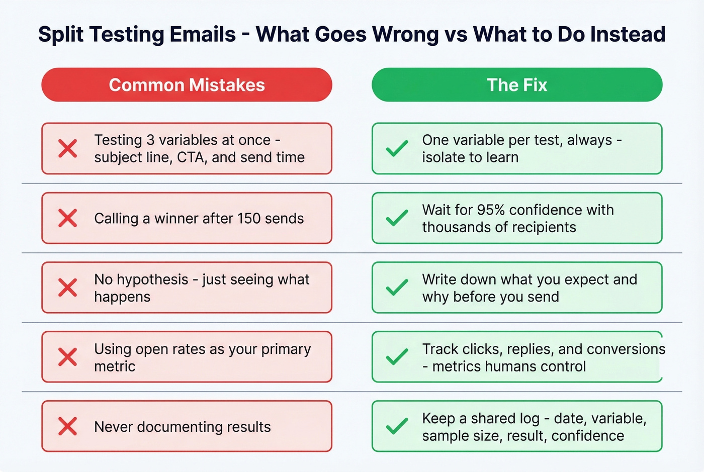 Five common split testing mistakes with fixes side by side