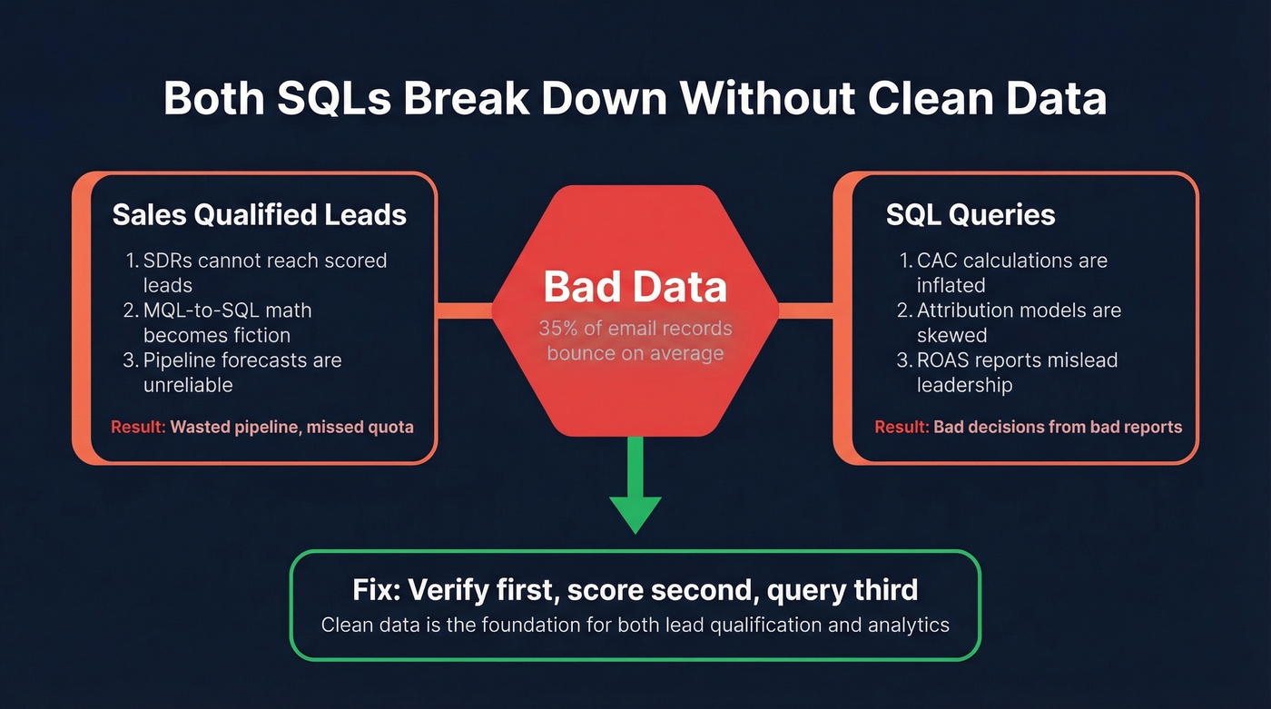 Diagram showing how bad data breaks both SQL meanings in marketing