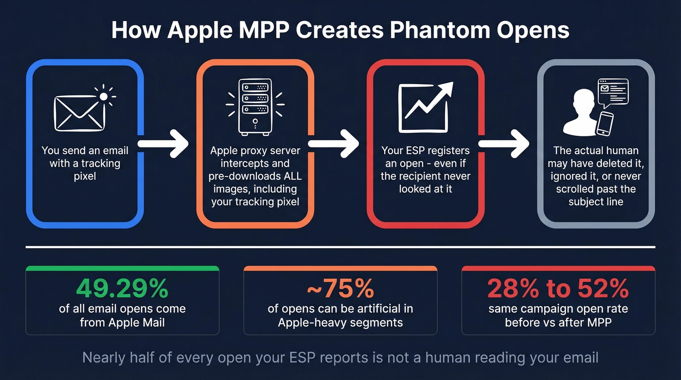 How Apple MPP inflates open rates with phantom tracking pixels
