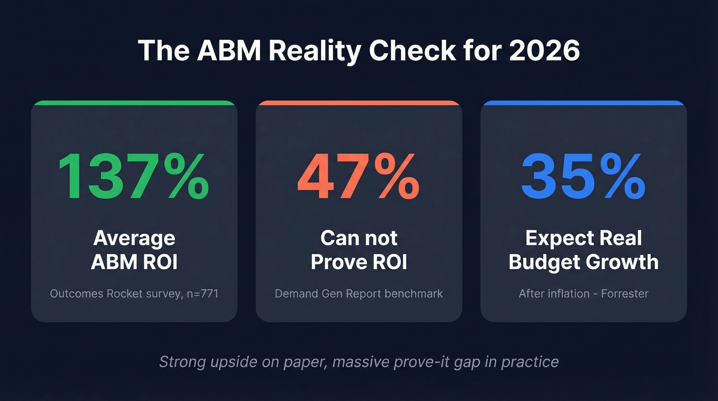 Three key ABM stats showing ROI, measurement gap, and budget reality