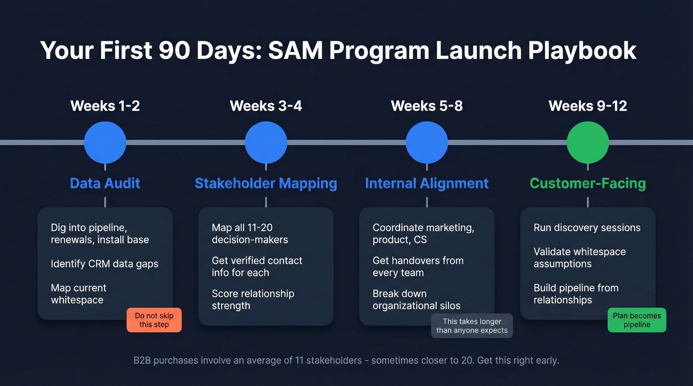 90-day SAM program launch timeline with milestones