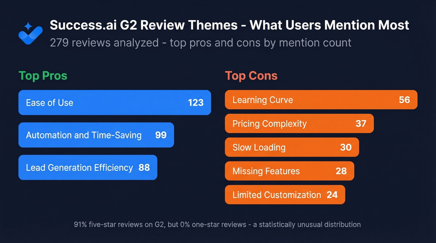 Success.ai G2 review themes breakdown by mention count