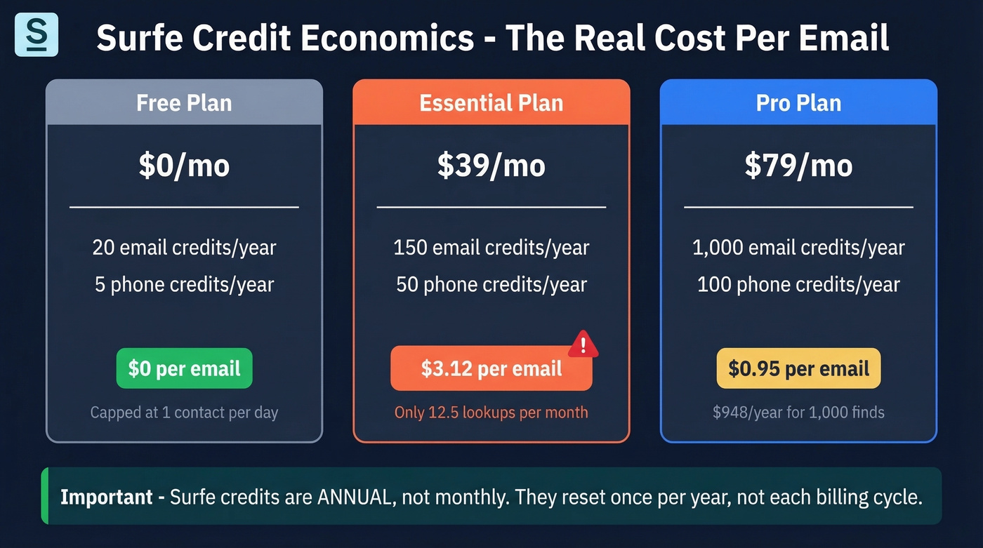Surfe pricing tiers with effective cost per email credit