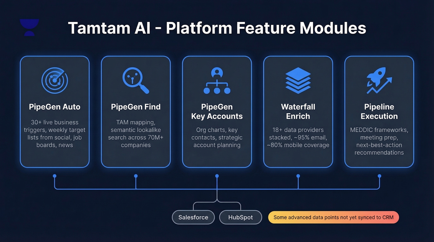 Tamtam AI platform feature modules and workflow overview