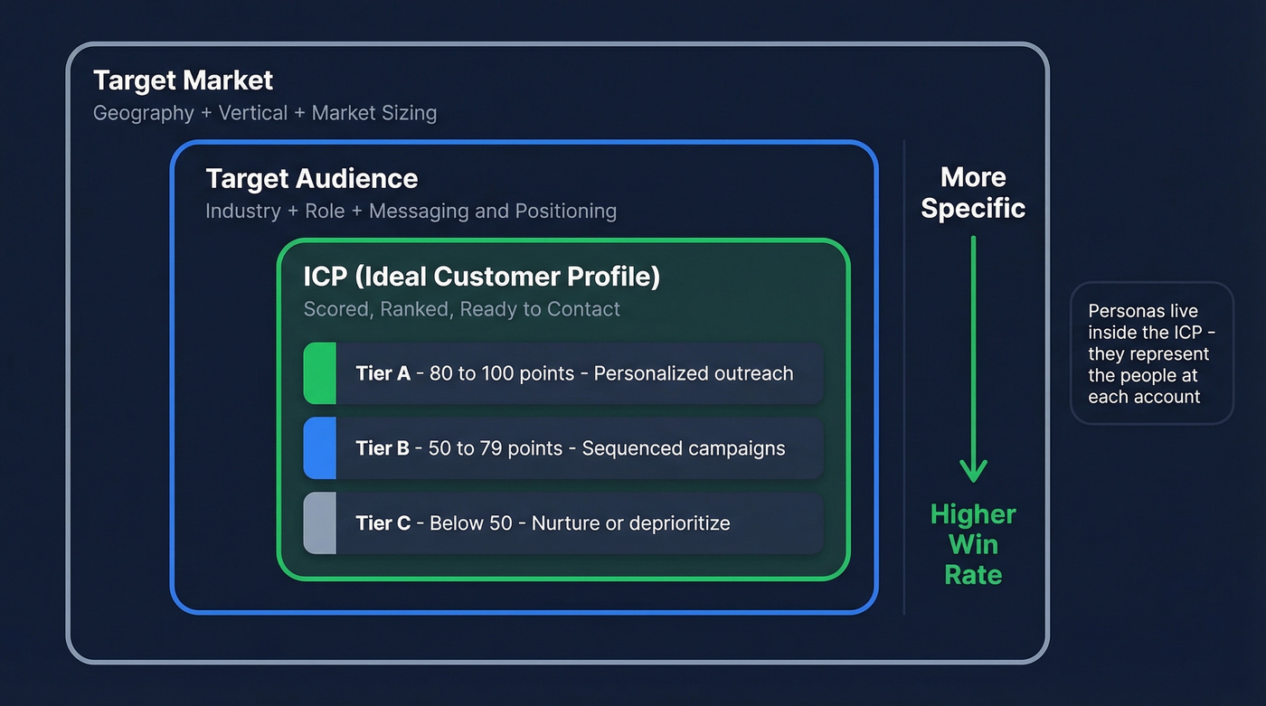 Nested diagram showing target market, audience, and ICP layers