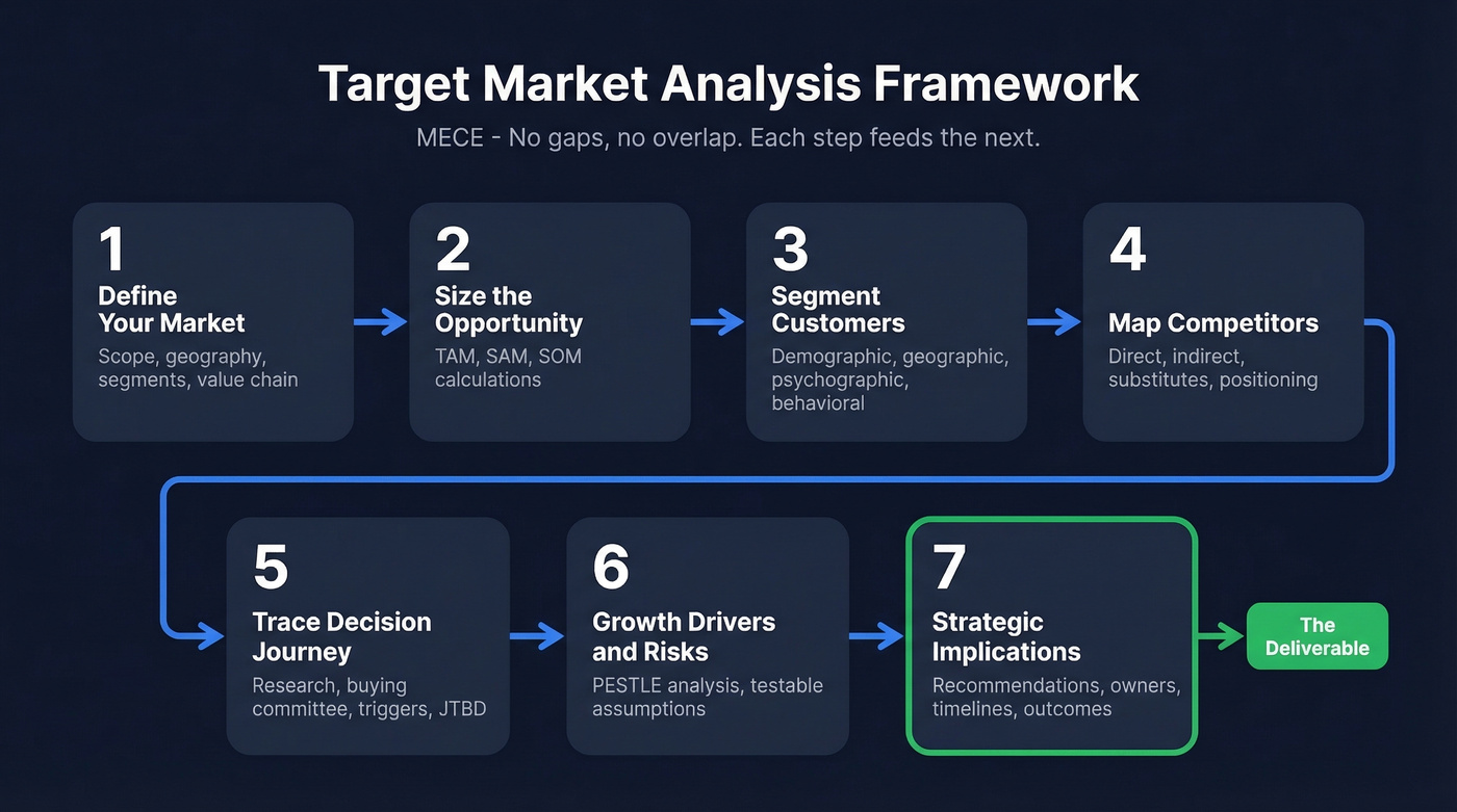 7-step target market analysis framework visual flow