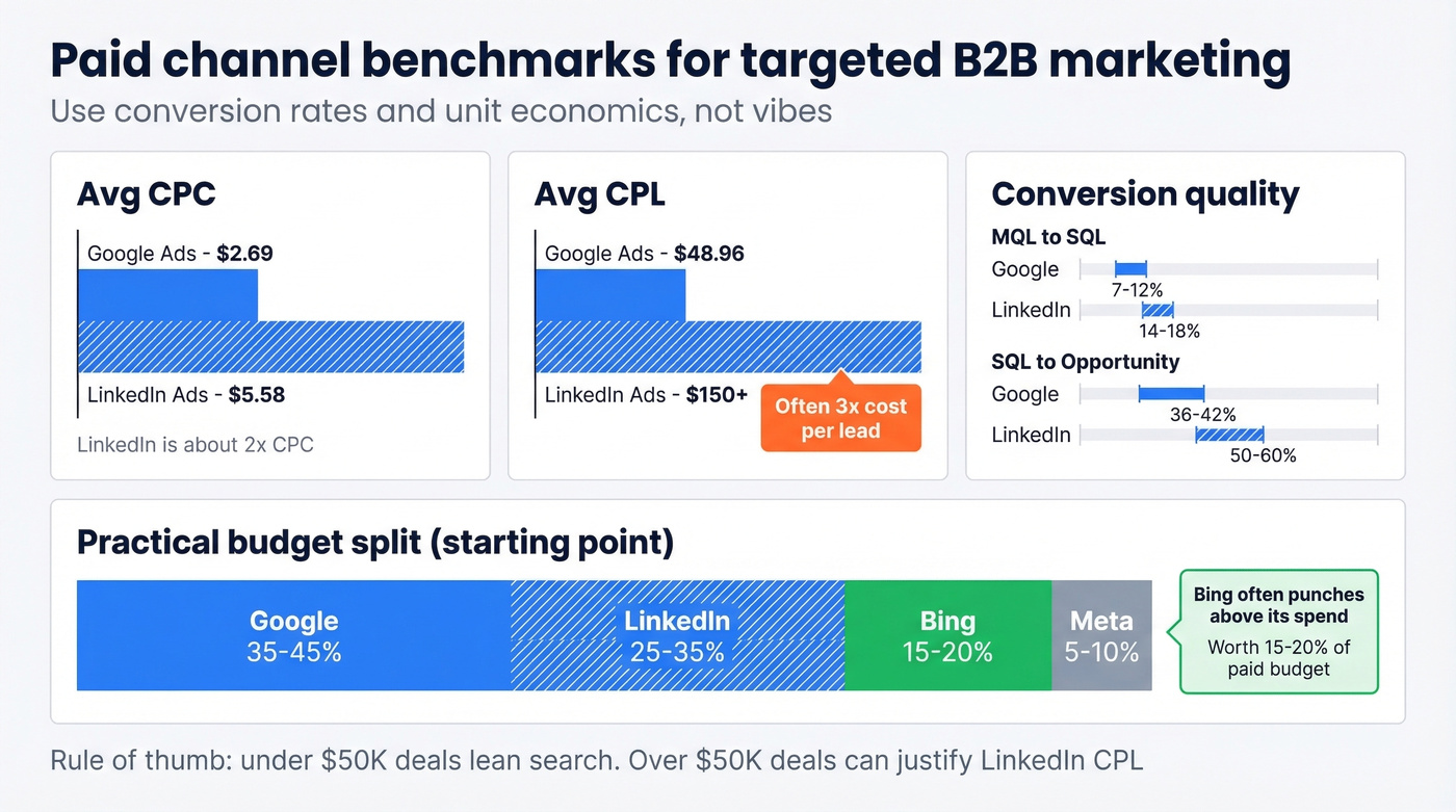 Channel benchmark dashboard for Google, LinkedIn, and Bing