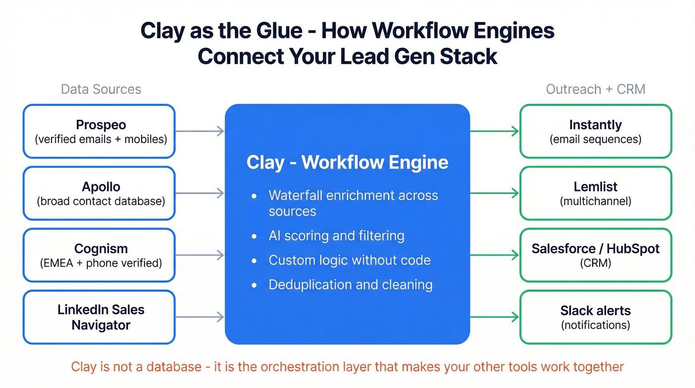 How Clay connects data sources to outreach tools