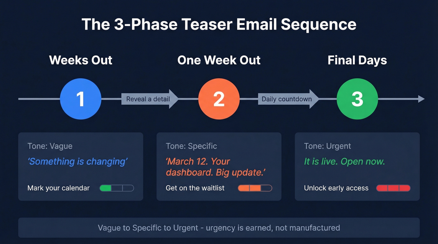 Three-phase teaser email sequence timeline with examples