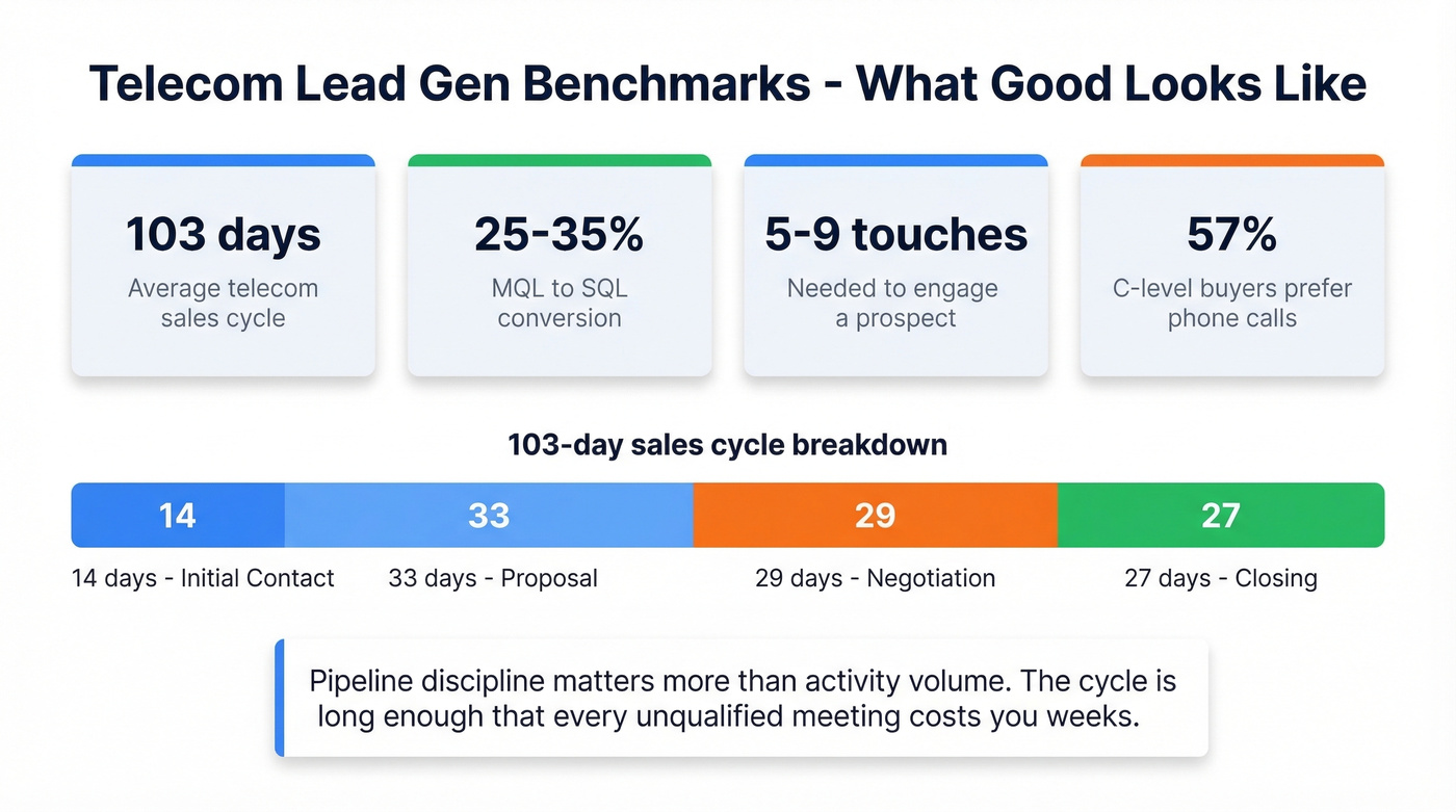 Telecom sales benchmarks and pipeline metrics dashboard