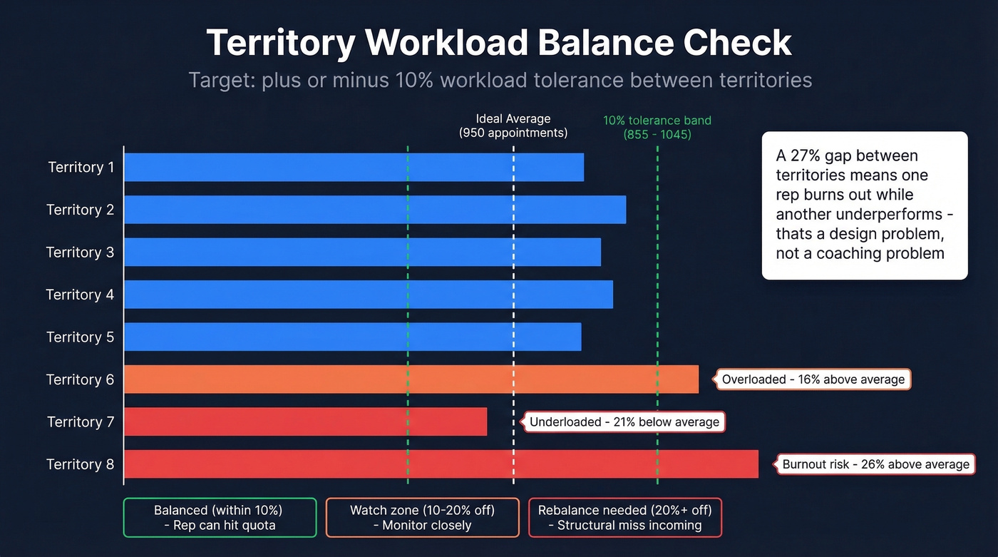 Territory workload balance visualization with tolerance bands