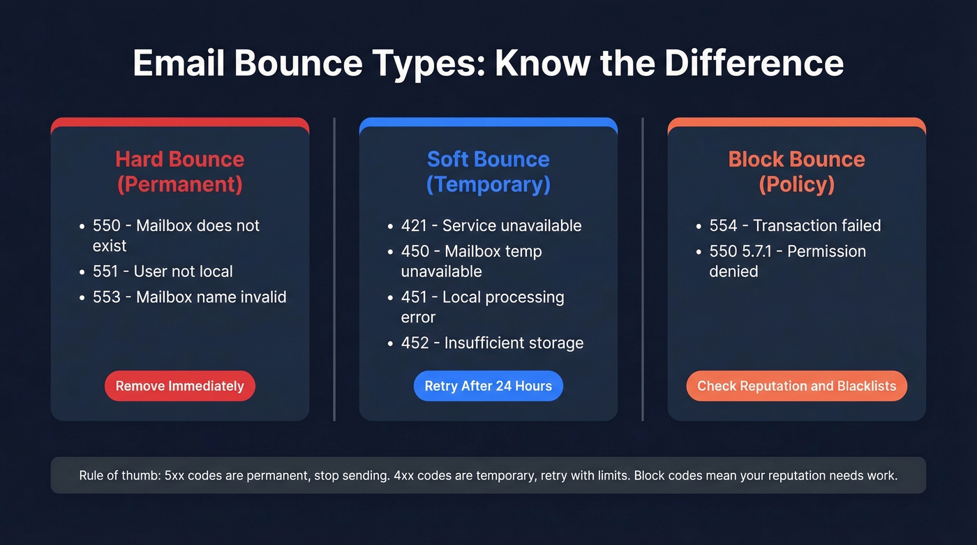 Three bounce types with SMTP codes and actions