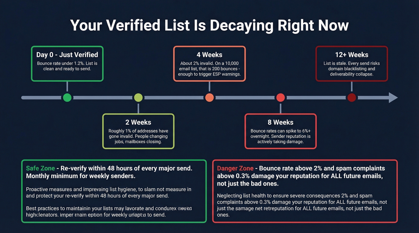 Email list decay timeline showing re-verification urgency