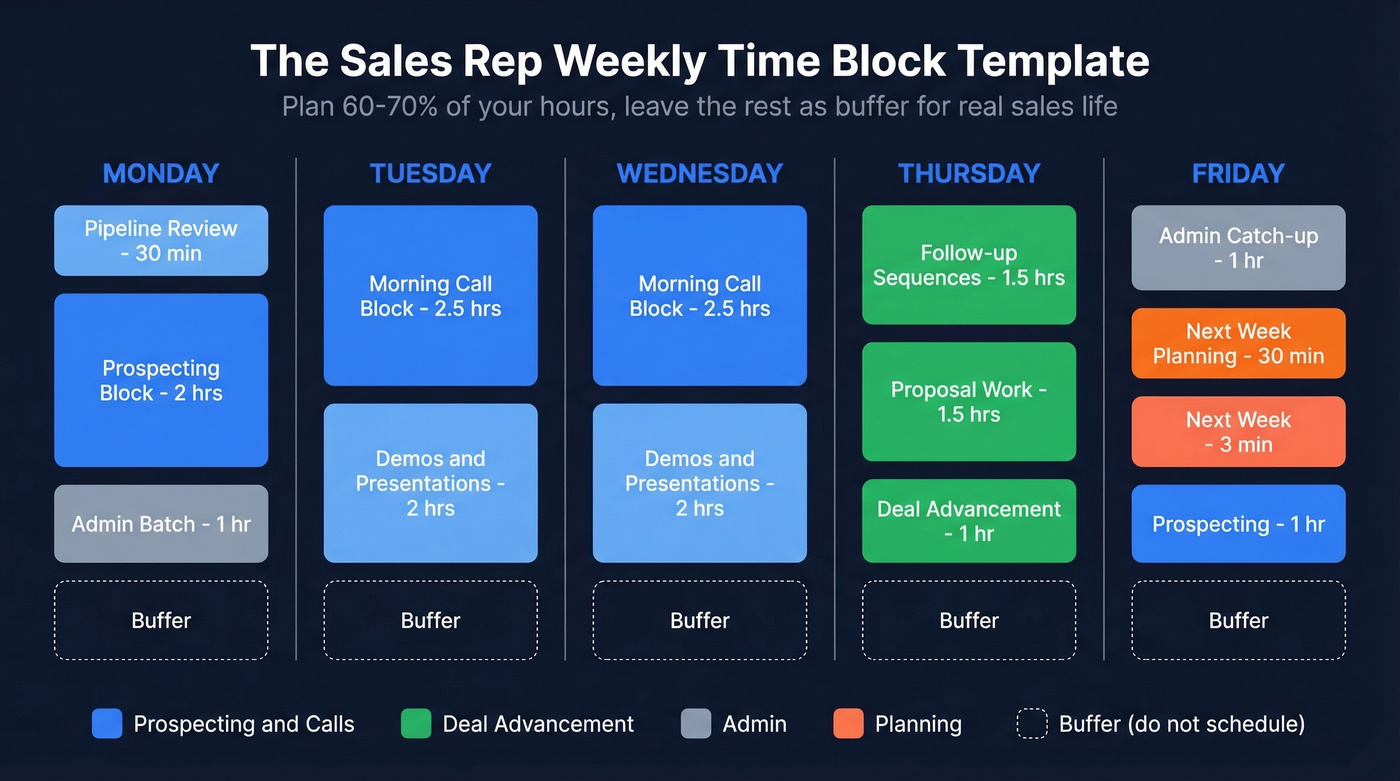 Sample weekly time-blocking schedule for sales reps