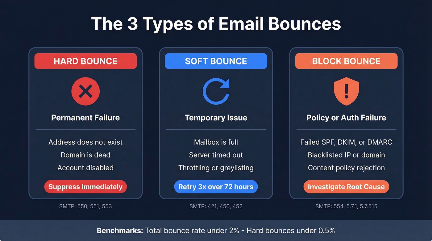 Three types of email bounces comparison diagram