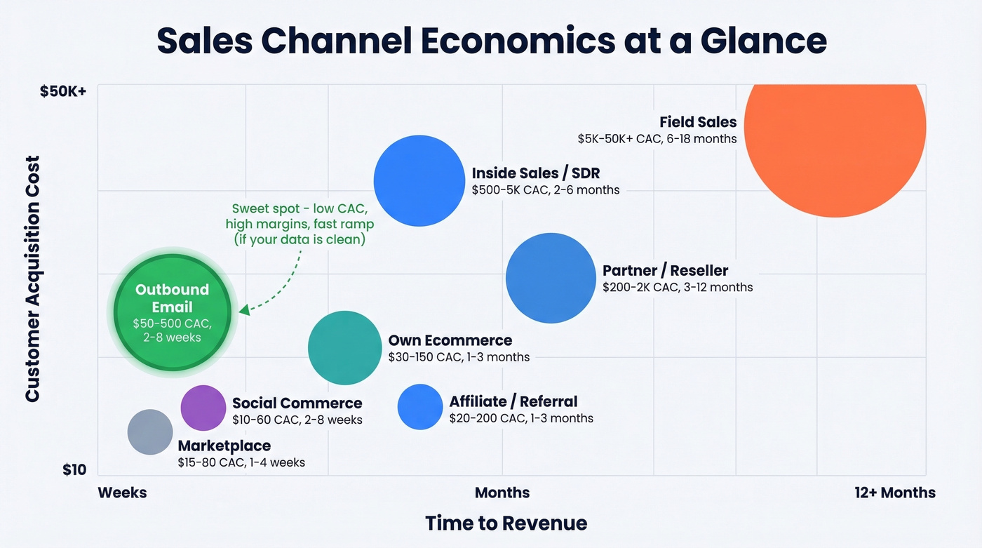 Sales channel economics comparison with CAC and time to revenue