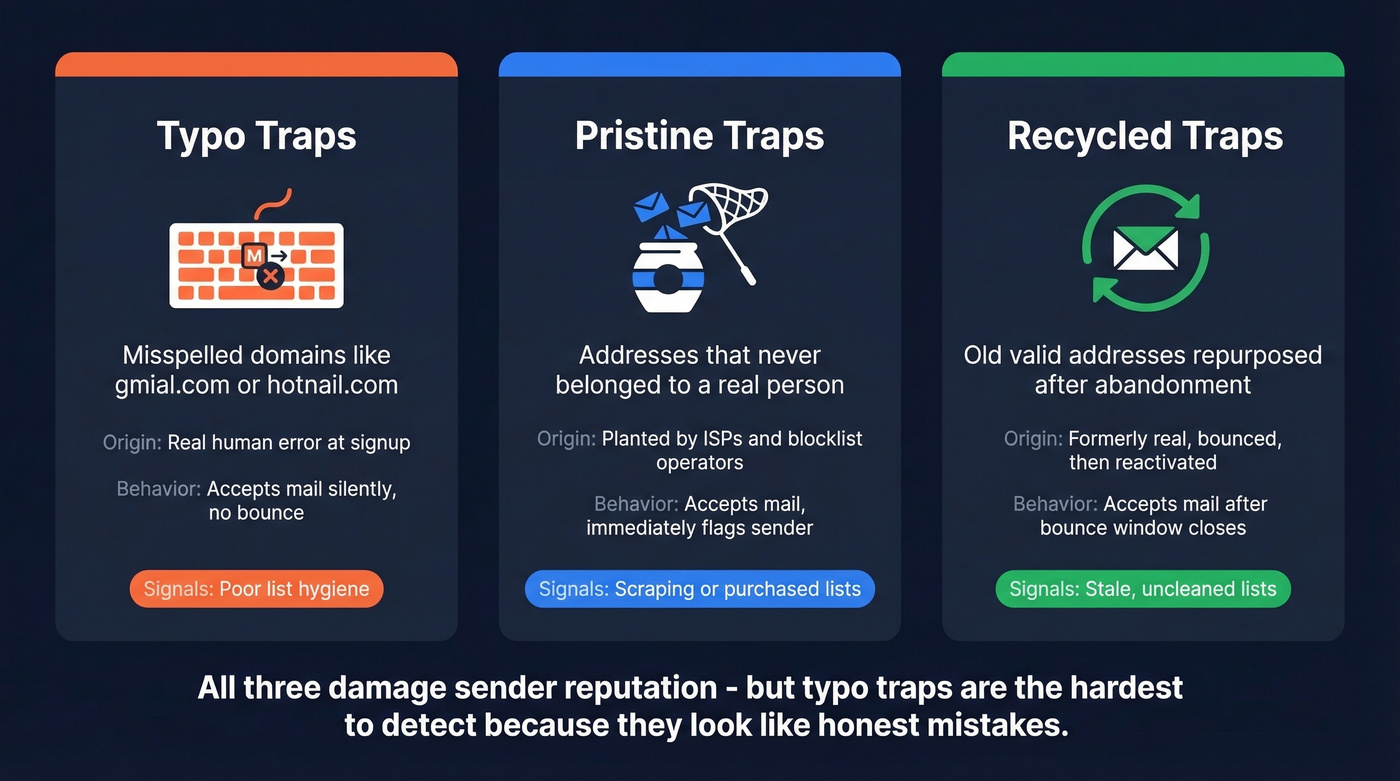 Three types of spam traps compared side by side