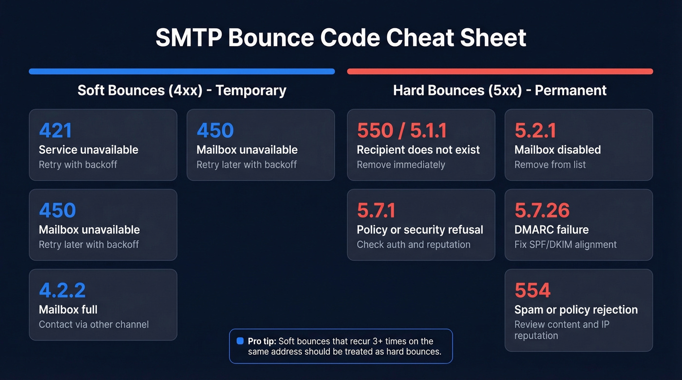 SMTP bounce code reference chart with actions