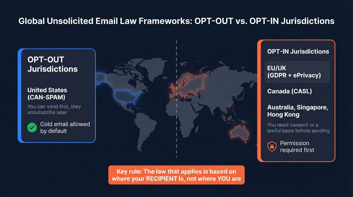 Global opt-in vs opt-out email law framework map