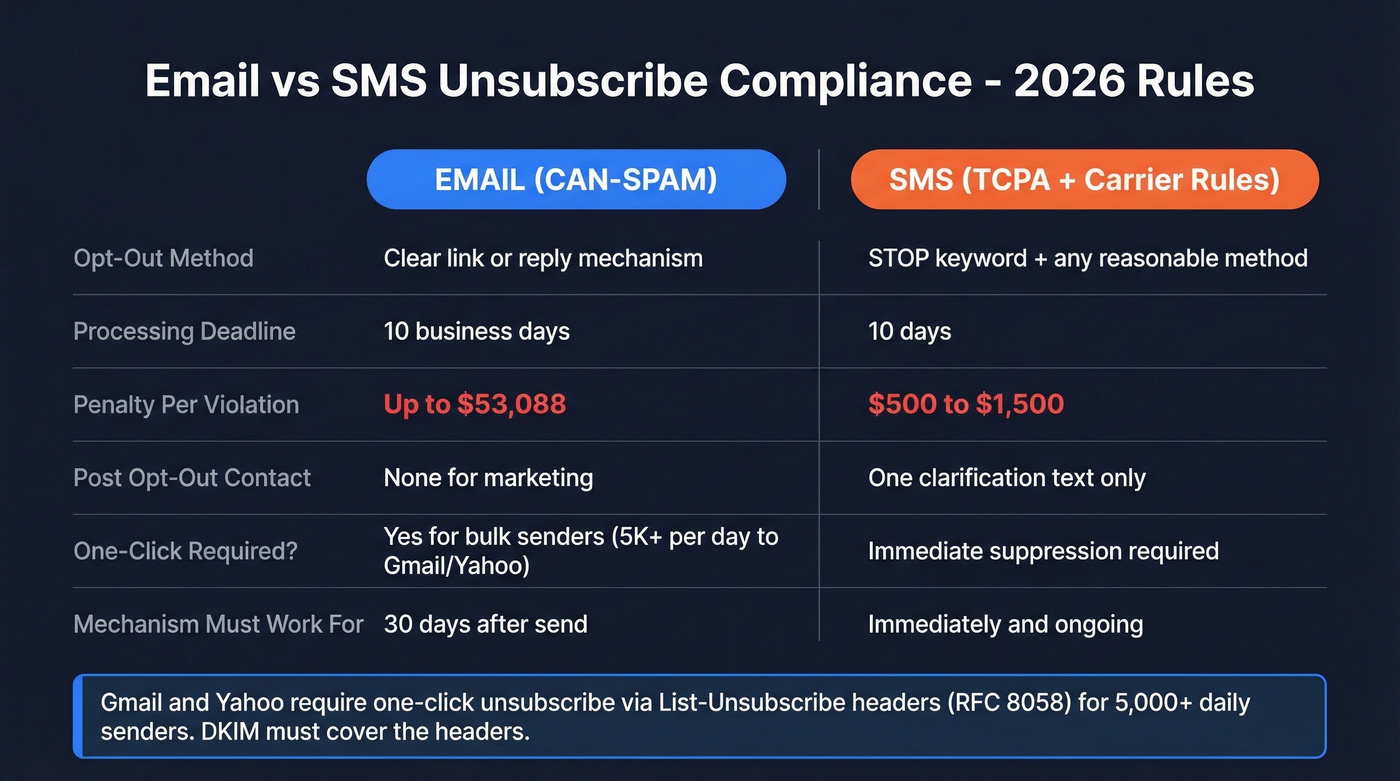 Email vs SMS unsubscribe compliance requirements side by side