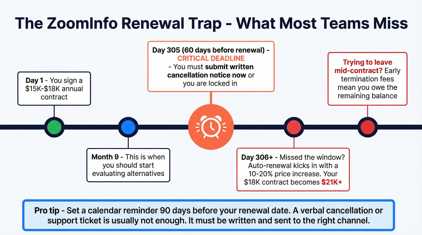 ZoomInfo contract renewal trap timeline warning diagram