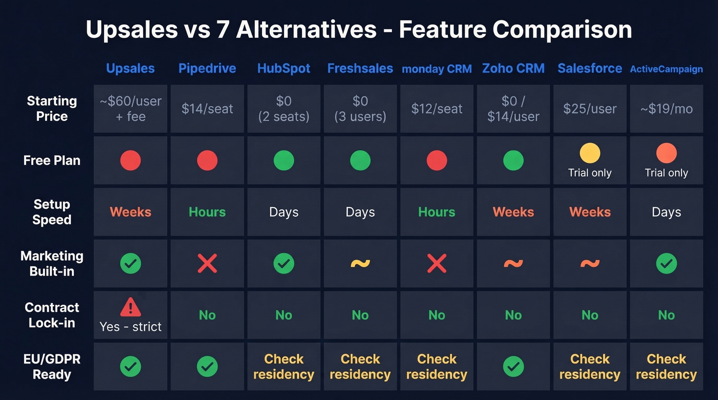 Upsales vs top 7 alternatives feature comparison matrix