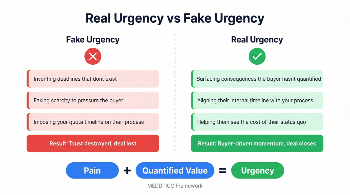 Urgency formula showing pain plus quantified value equals urgency