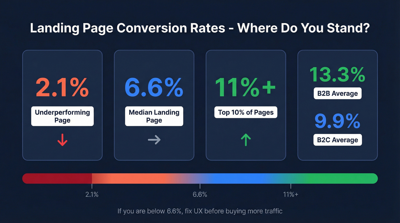 Landing page conversion rate benchmarks comparison card