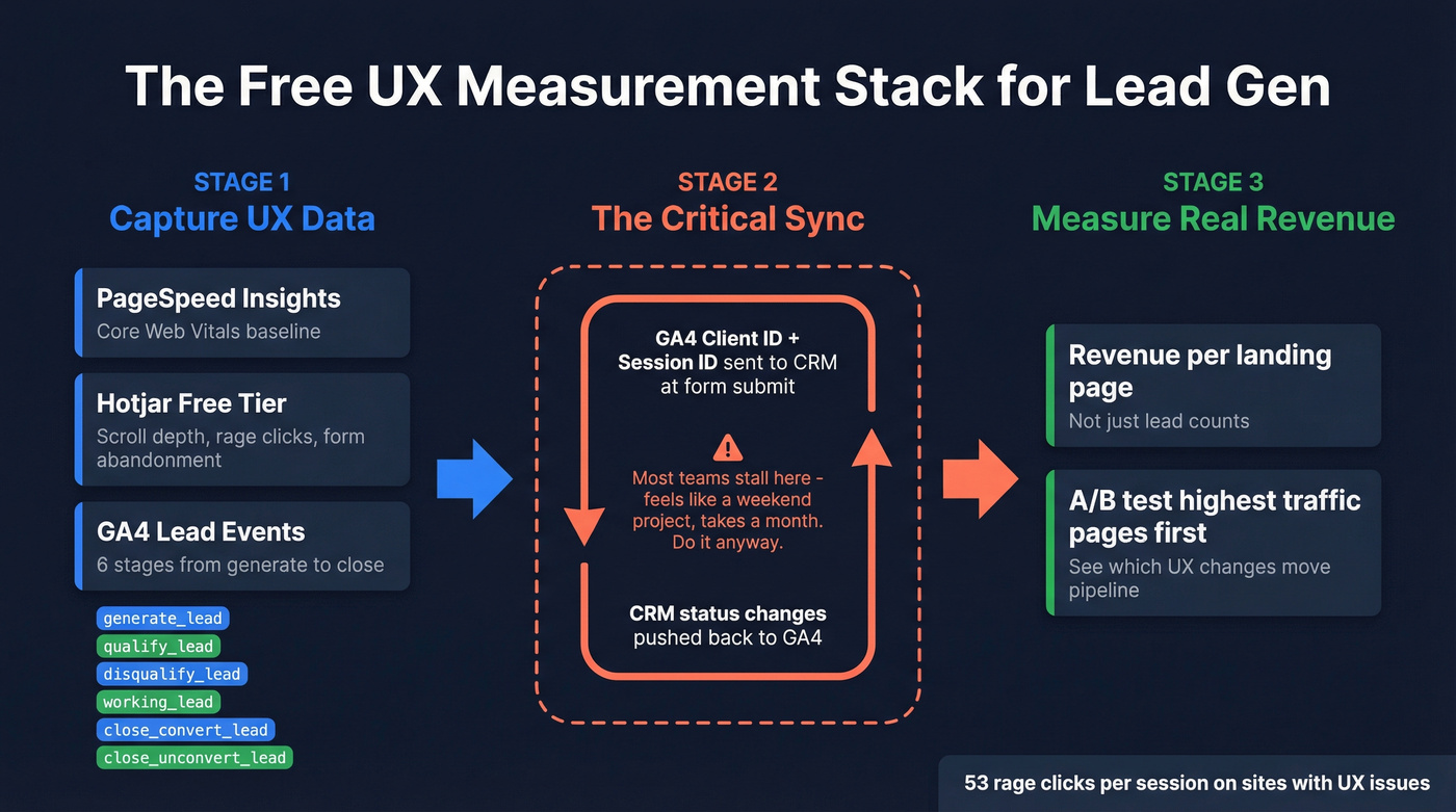 UX measurement stack with bidirectional CRM sync flow
