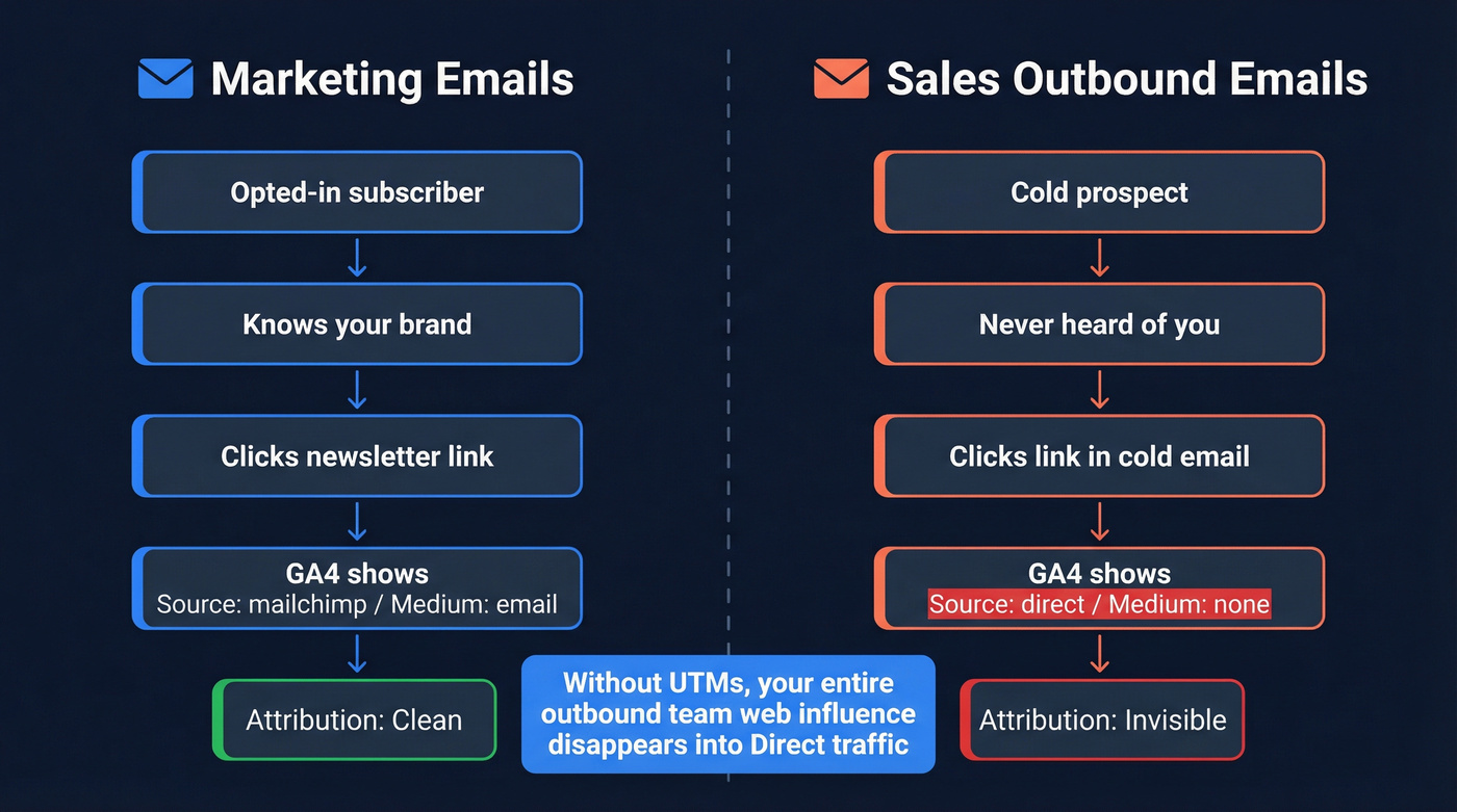 Marketing emails vs sales emails UTM attribution comparison