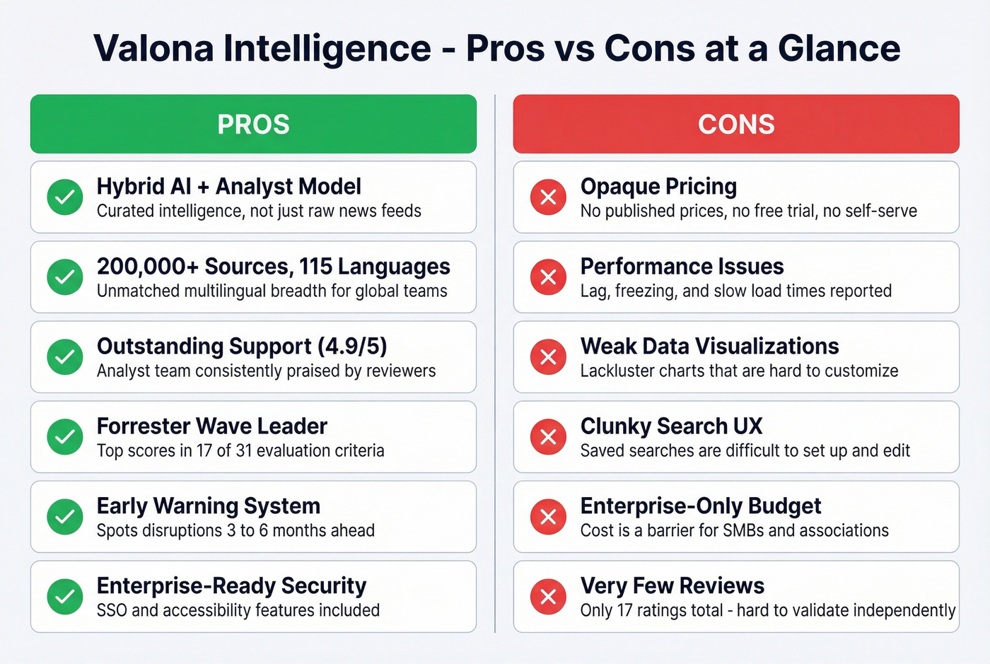 Valona Intelligence pros and cons visual summary