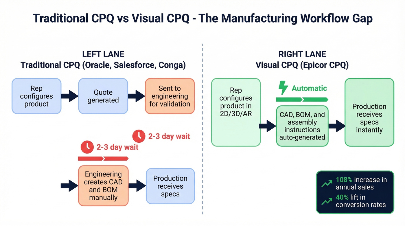 Visual CPQ vs traditional CPQ workflow comparison diagram