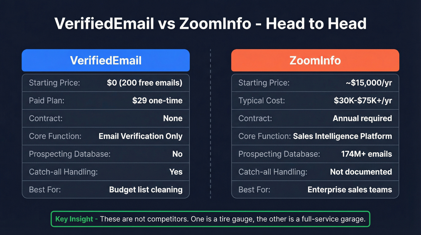 VerifiedEmail vs ZoomInfo head-to-head comparison diagram