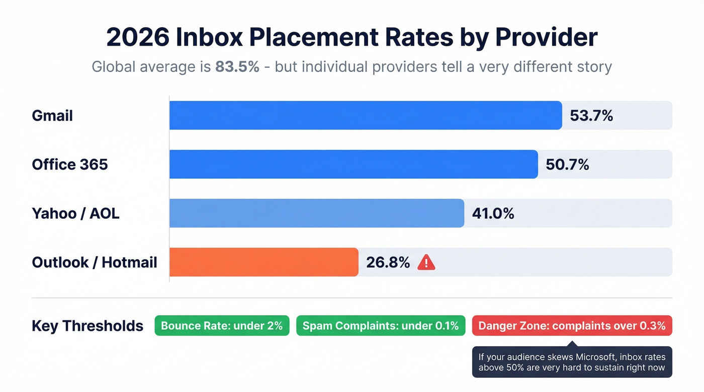 2026 inbox placement rates by email provider bar chart