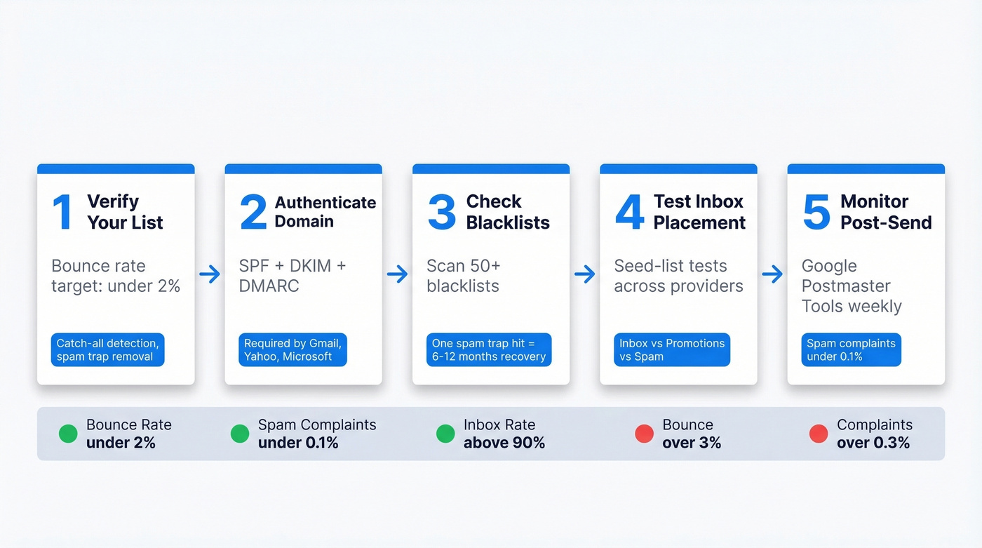 Five-step email deliverability verification framework flowchart