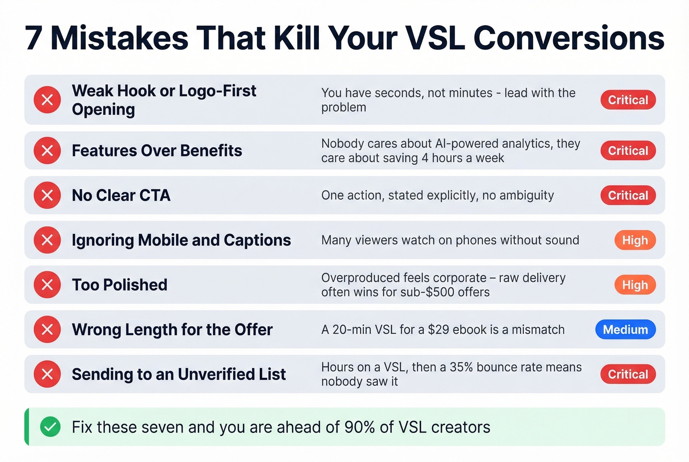 Seven common VSL mistakes with severity indicators