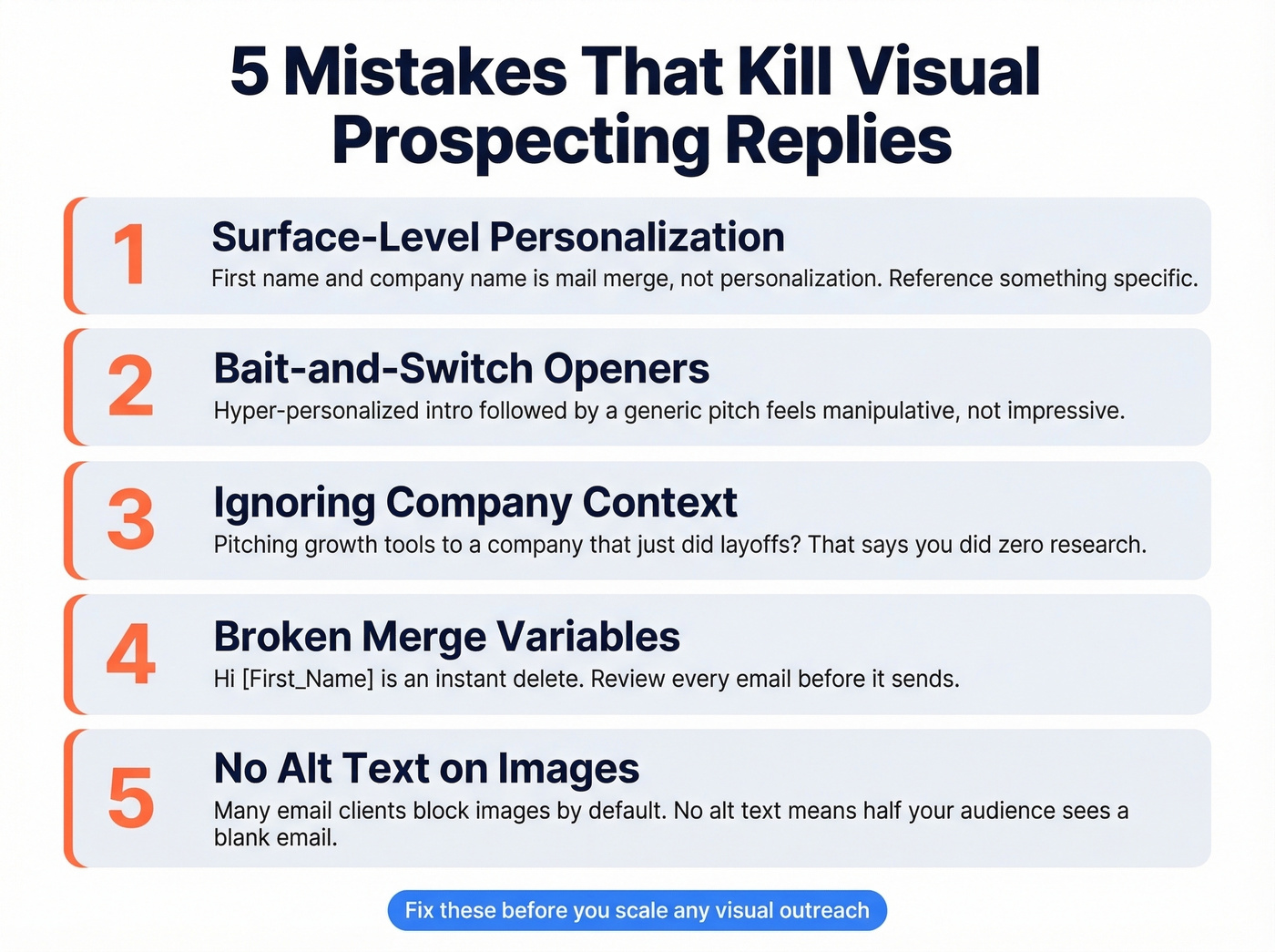 Five visual prospecting mistakes displayed as warning cards