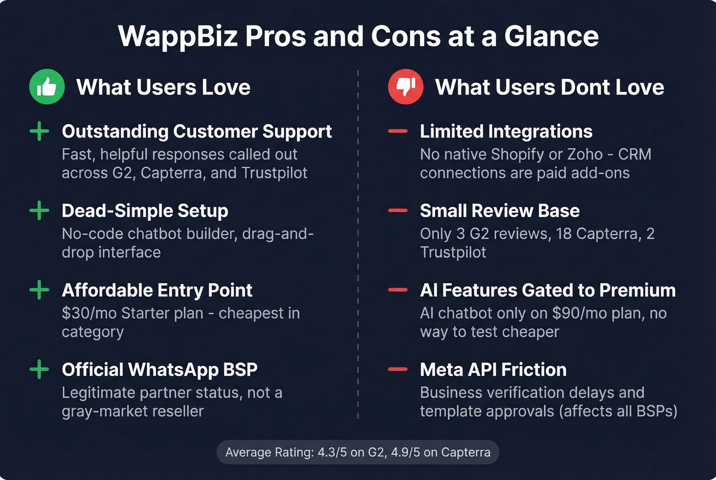 WappBiz pros and cons visual summary card