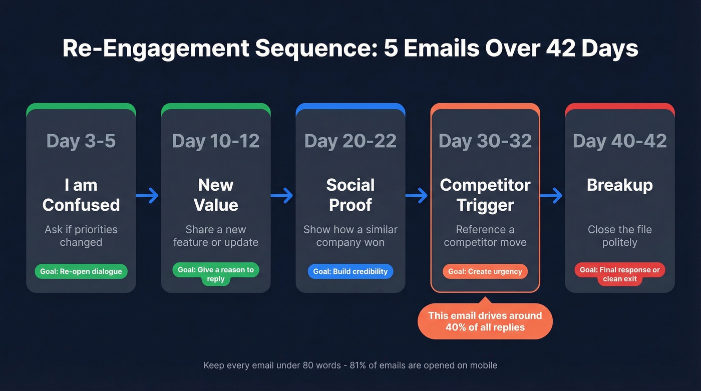 5-step re-engagement email sequence with timing and goals