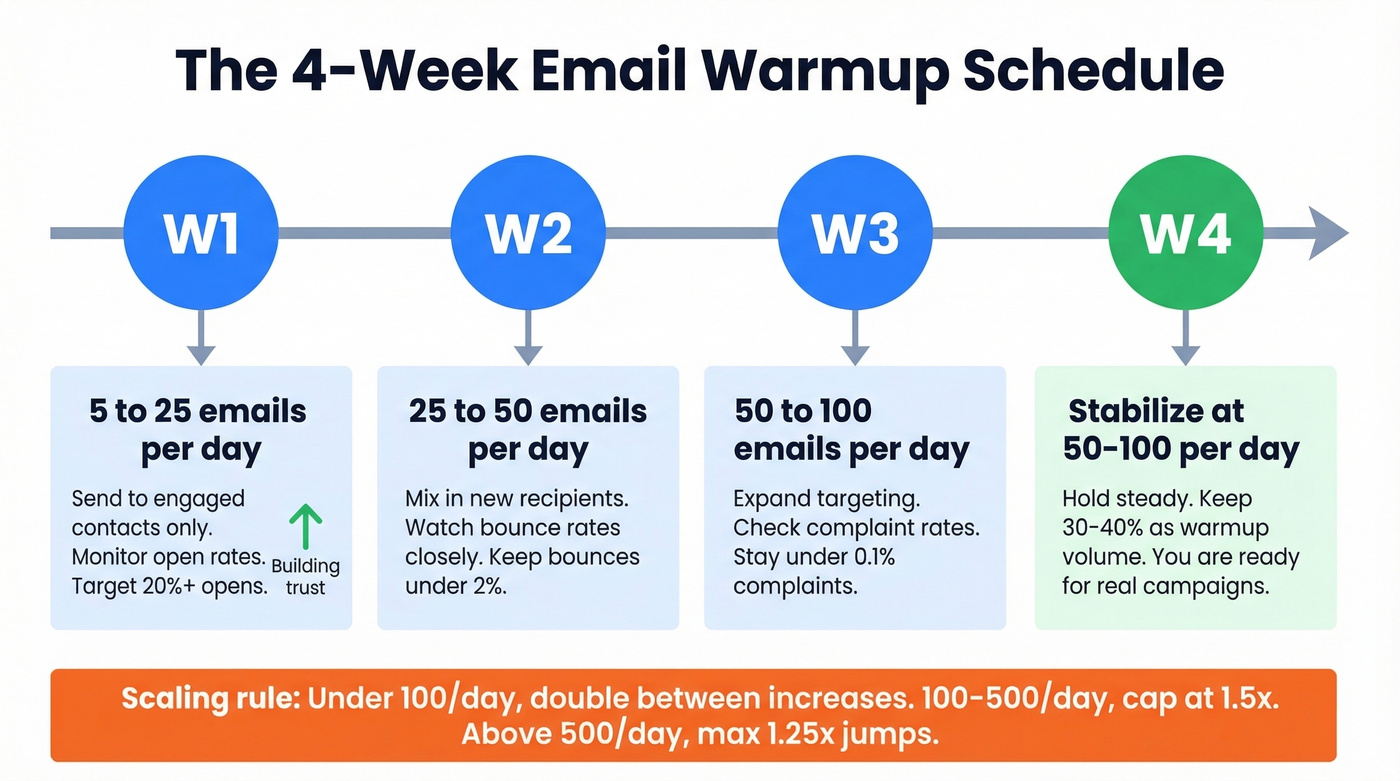 Four-week email warmup schedule with daily volumes