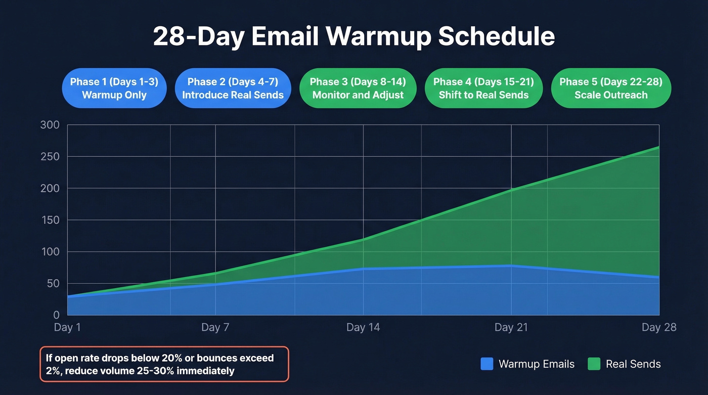 28-day email warmup schedule stacked area chart