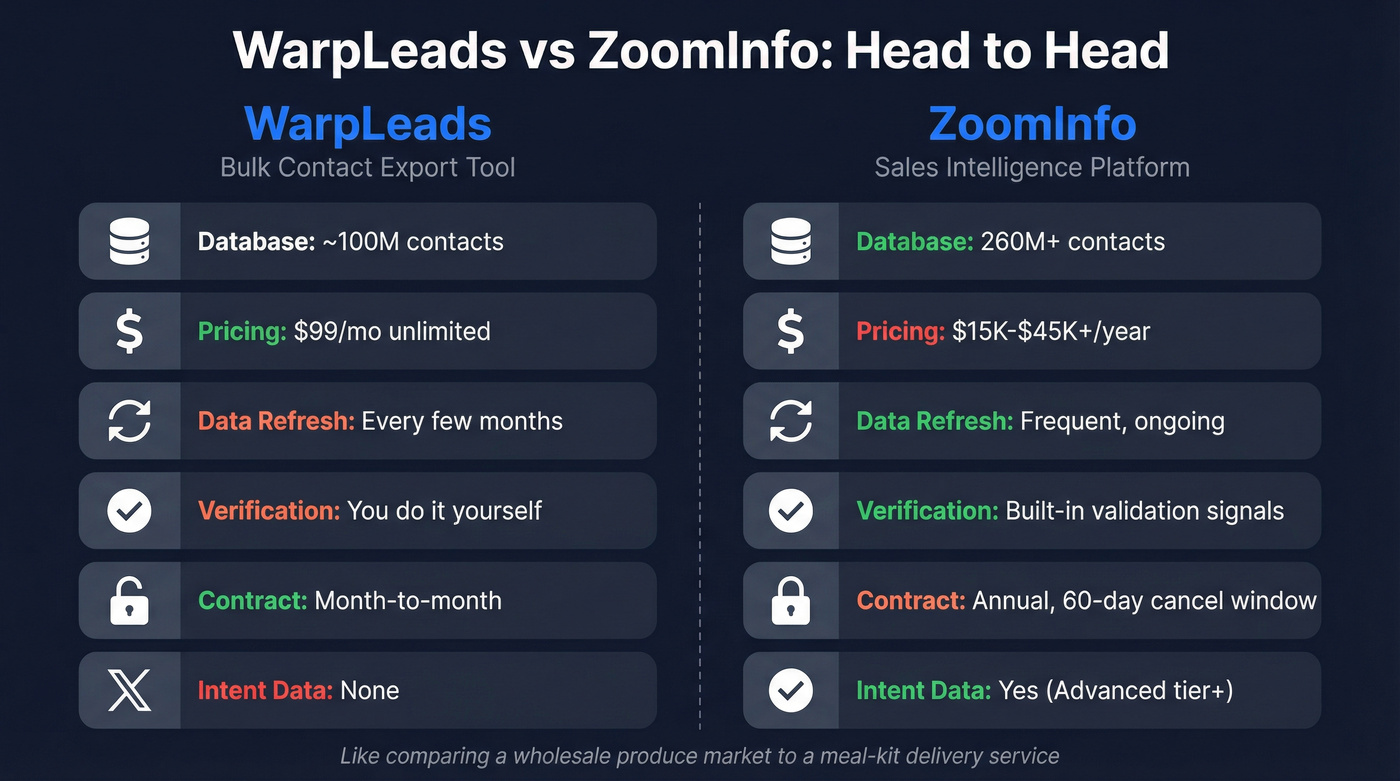 WarpLeads vs ZoomInfo head-to-head comparison diagram