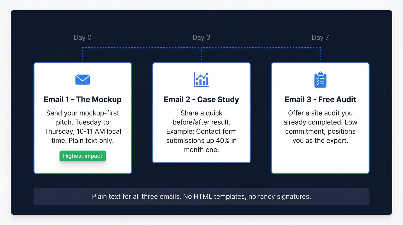 Three-email follow-up sequence timeline for web design pitches