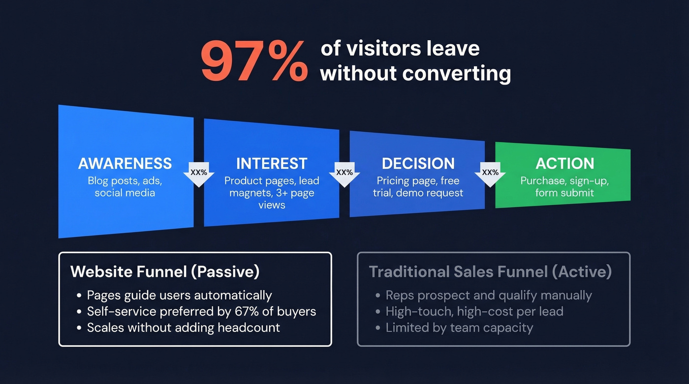 Website sales funnel stages from visitor to conversion