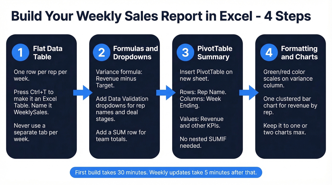 Step-by-step Excel weekly sales report build process