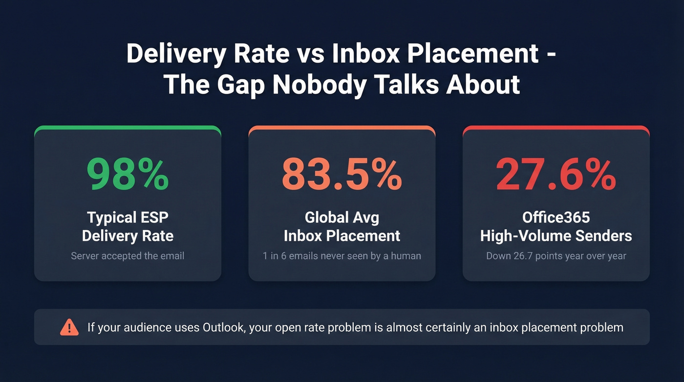 Inbox placement stats showing delivery vs actual inbox rates