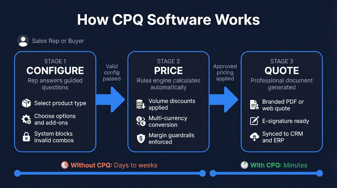 Three-stage CPQ workflow from configure to quote
